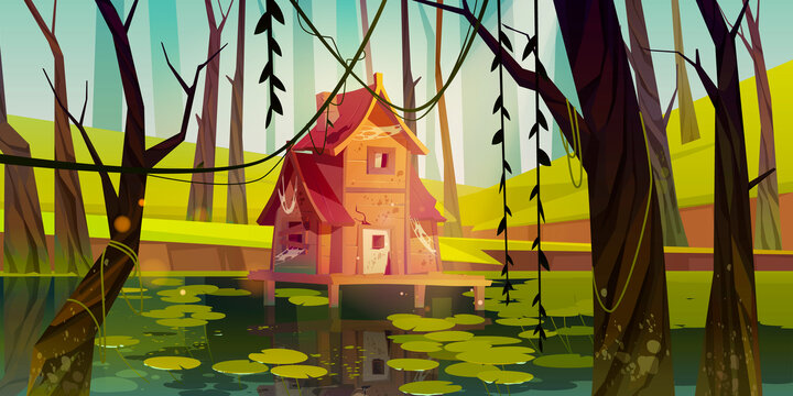 森林沼泽中的水上废墟小木屋插图