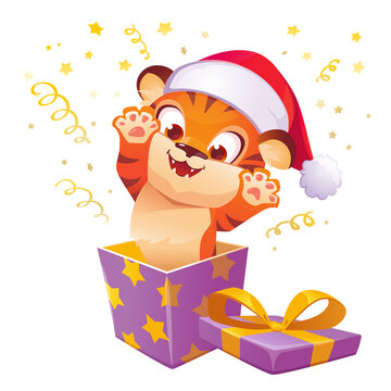 戴圣诞帽的小老虎从礼物盒里跳出插图