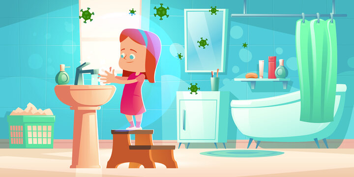 女孩在浴室里站在垫脚凳上洗手插图