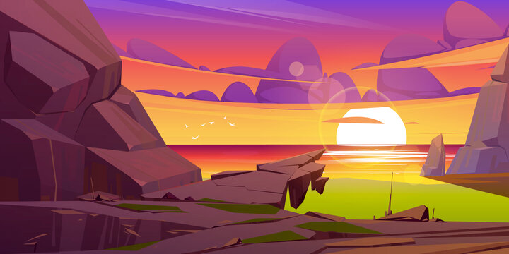 夕阳下岩岸旁的平静海景插图