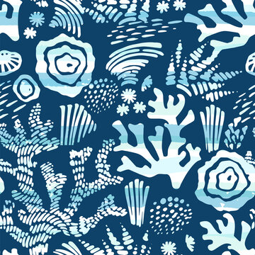 手绘抽象珊瑚及贝壳插图 无缝图案