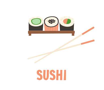 木盘上的寿司卷平面插图