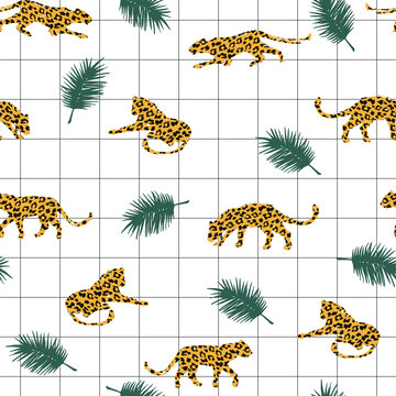 格线上豹子的轮廓与棕榈插图 无缝图案