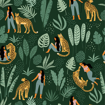 与豹子相处的女性与热带叶子插图 无缝图案