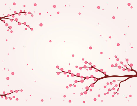 樹枝上的桃紅色梅花飄落 平面插圖
