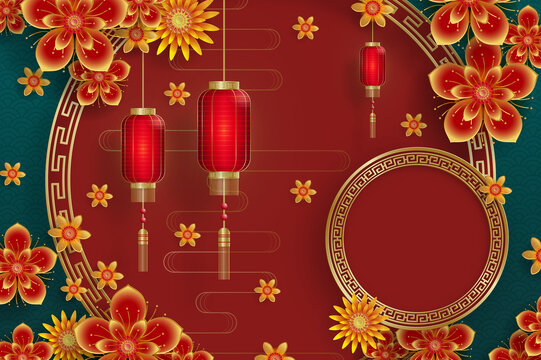 復(fù)古花窗與飄落花卉 新年插圖背景