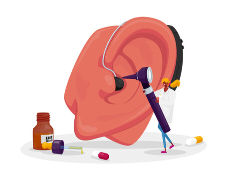 医师检查带助听器的巨大耳朵平面插图