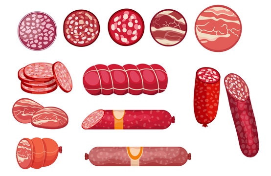 各式意大利烟熏香肠切面 平面插图素材