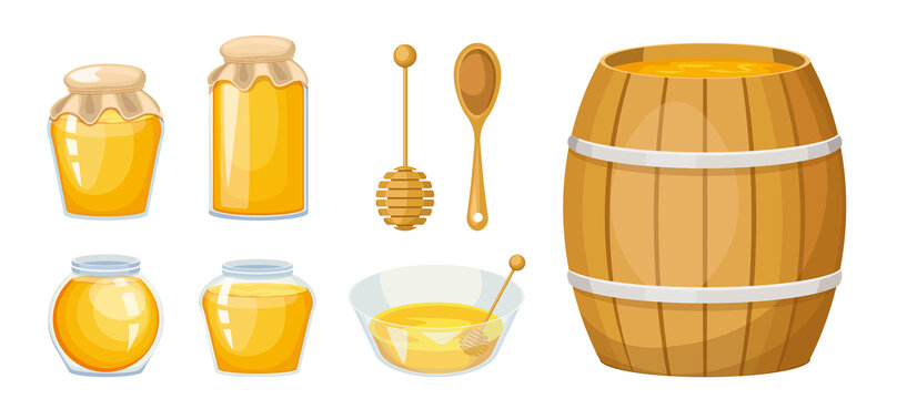 在玻璃罐及木桶里的蜂蜜 平面插图素材
