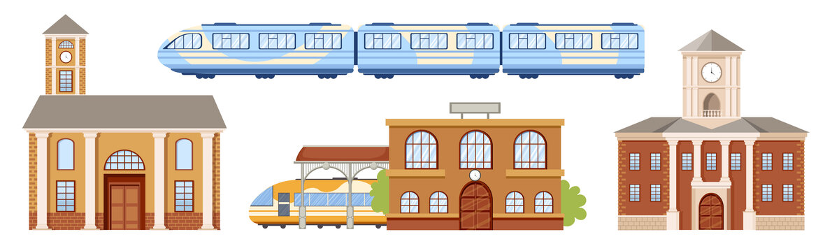 火车站建筑正面与列车素材 平面插图