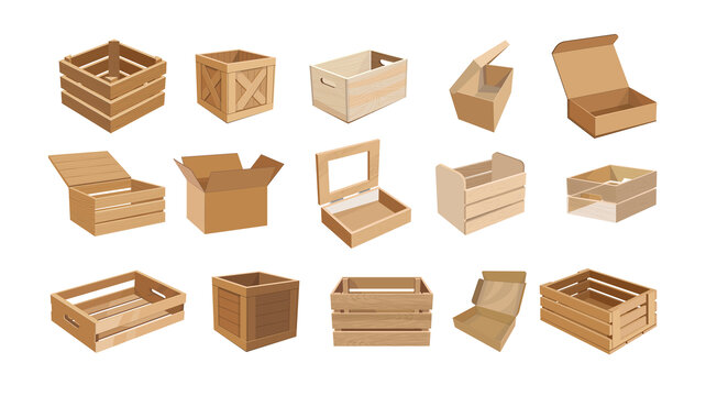 空的纸箱容器与木头箱子 平面插图素材