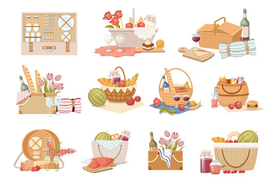 野餐篮与餐具和食物 平面插图素材集合