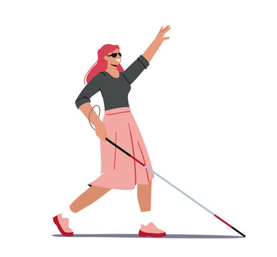 女性盲人开心举手走路插图