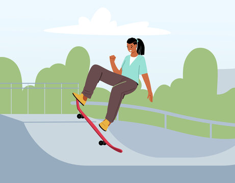马尾女性在公园用滑板上坡插图