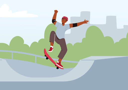 青少年在公园用滑板跳跃插图