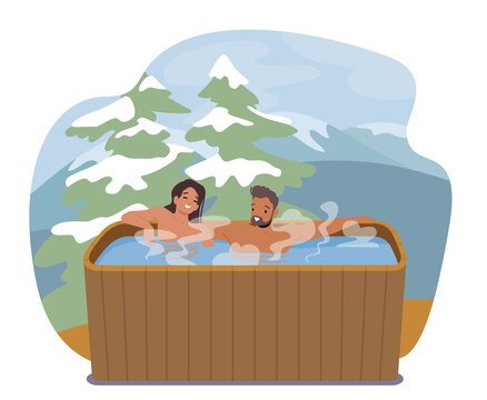 夫妻在户外木桶里泡温泉平面插图
