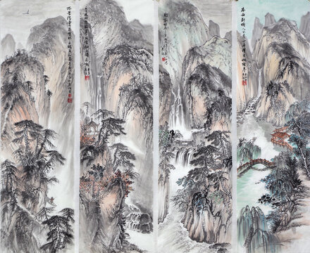 四條屏山水畫
