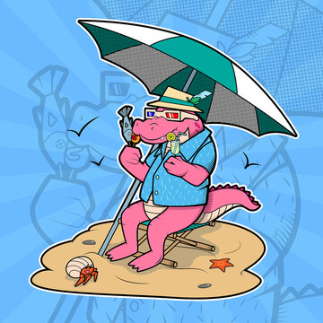粉色鱷魚沙灘度假矢量插畫