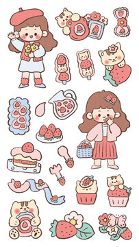 可爱手绘摘草莓女孩插画贴纸