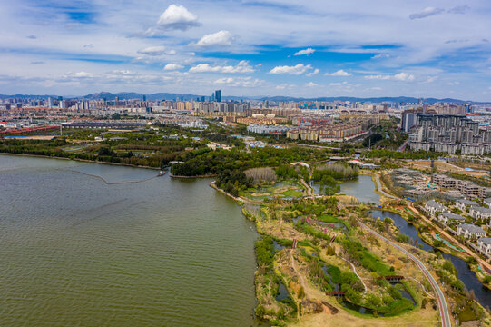 航拍昆明滇池星海半岛湿地公园