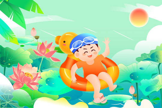 立夏節(jié)氣夏天荷花荷葉兒童插畫