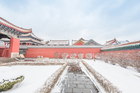 冬天雪后沈阳故宫的园林古建筑