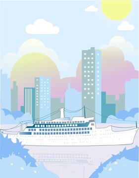 城市清新建筑風(fēng)貌郵輪矢量插畫