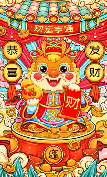 國(guó)潮抱葫蘆的財(cái)神龍插畫(huà)