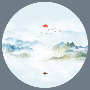 新中式圓形意境山水畫