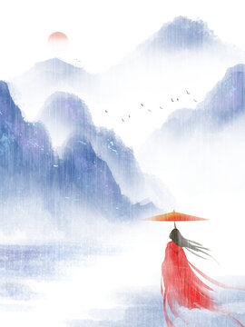 雨水谷雨古風(fēng)山水墨畫節(jié)氣背景