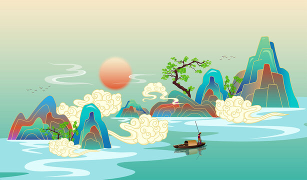 國潮山水意境插畫