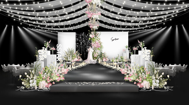 韩式白粉色布幔水晶婚礼效果图