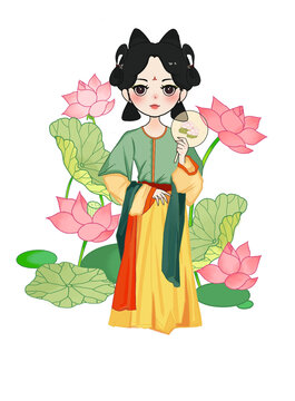 立夏荷花漢服女手繪海報