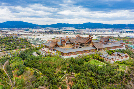 航拍云南昆明古滇博物馆旅游区