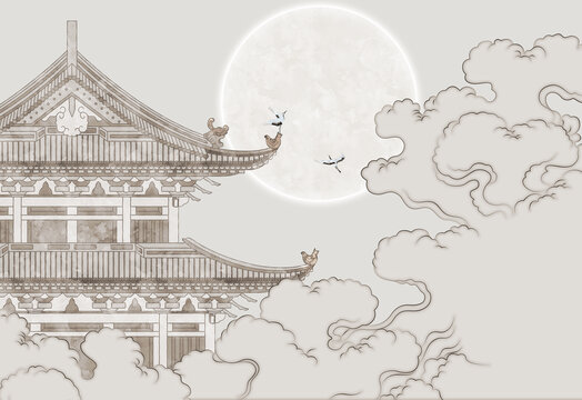 新中式亭臺樓閣祥云背景