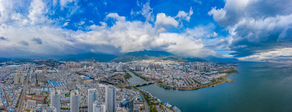 航拍云南大理洱海风光湖泊湿地