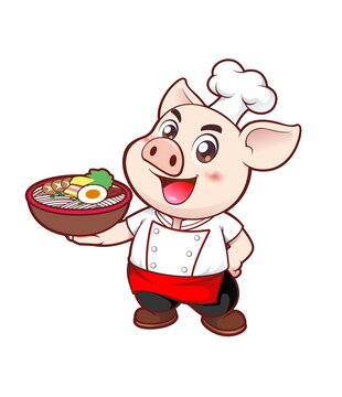 卡通可愛(ài)小豬廚師端碗面