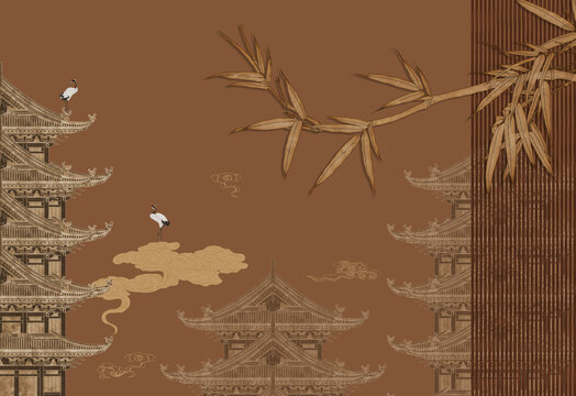 手繪古建水墨竹