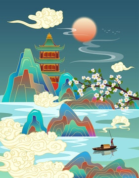 古風山水國潮插畫