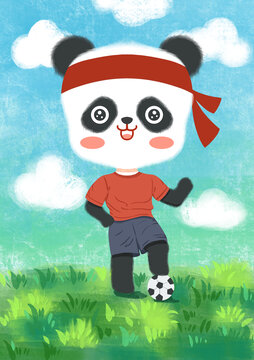 踢足球得卡通熊猫插画