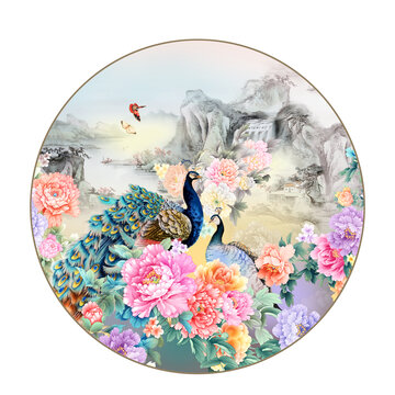 新中式孔雀山水畫