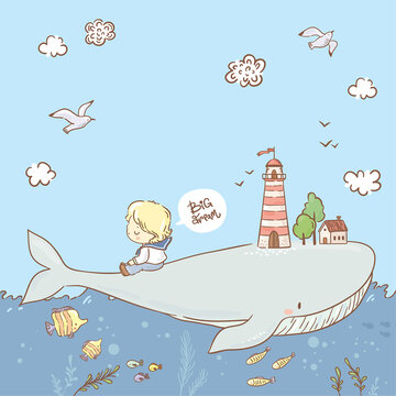 人物男孩海洋鲸鱼飞禽自然云朵