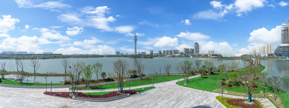 常熟琴湖公园城市风光全景