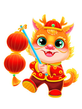 傳統(tǒng)龍年年畫提燈籠的龍