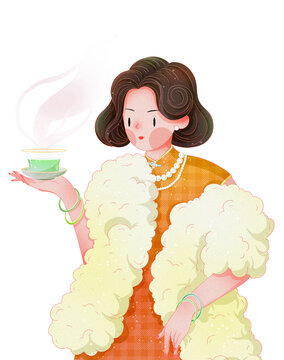 中國風(fēng)穿黃色旗袍喝茶的女人