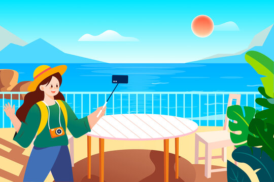 立夏節(jié)氣美女假期旅游夏天插畫