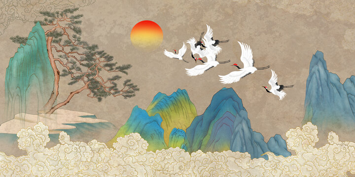 祥云迎客松仙鶴