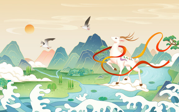 國(guó)潮風(fēng)山水九色鹿插畫手繪