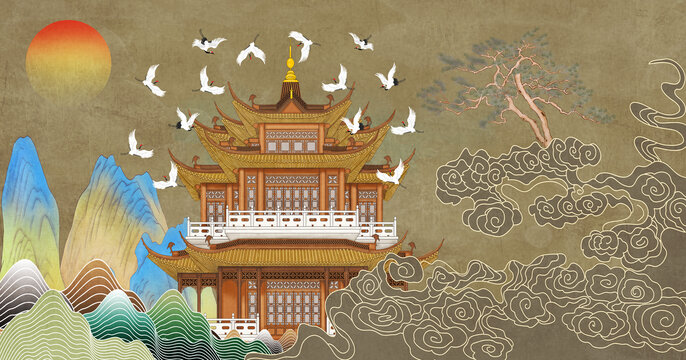 新中式復(fù)古山水背景墻