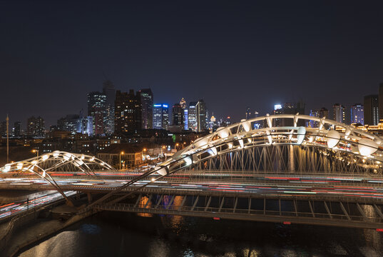 天津海河直沽桥城市夜景航拍